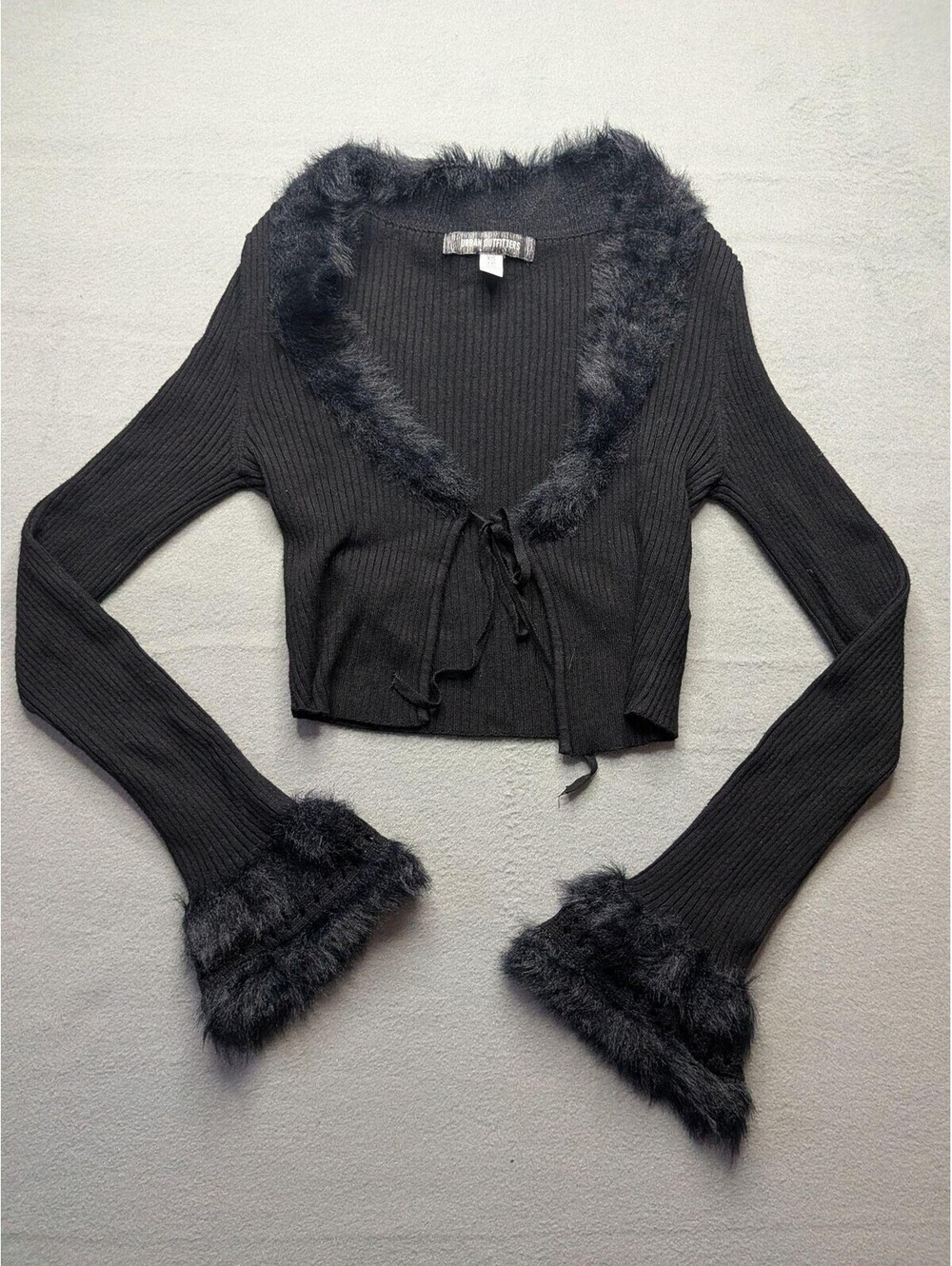 Urban Outfitters Sweater Cardigan Womens XS Black Cropped Fur Trim Tie Front